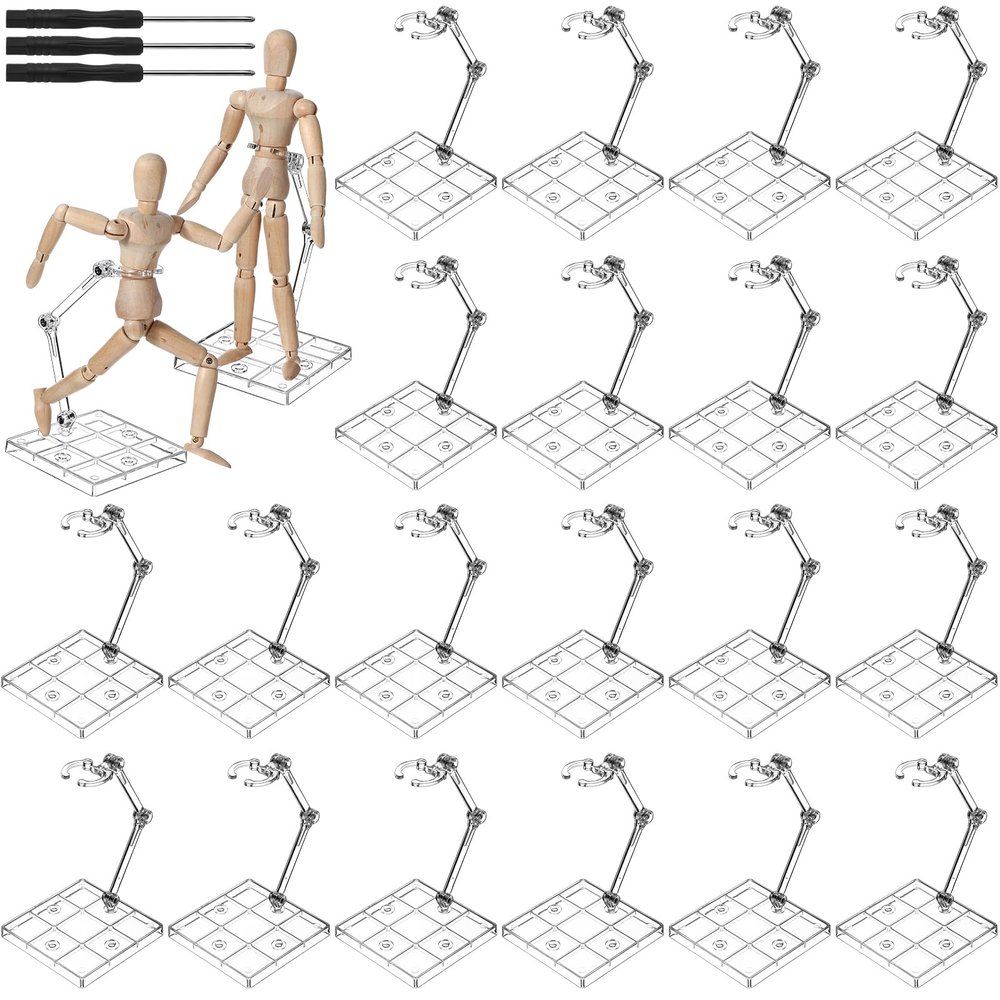Wonderjune 24 Pack Action Figure Stand Model Support Stand Clear Doll Base Assembly Action Figure Display Holder Base with Screwdriver Compatible HG/RG 1/144 Toy, Transparent(6.3 Inches)