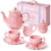 Giant bean Porcelain Tea Set, Pearl Pink Real Tea Party Set for Little Girls, British Royal Princess Series Teapot & Cup & Saucer & Sugar Bowl & Suitcase, for Little Kids Toddlers view 1