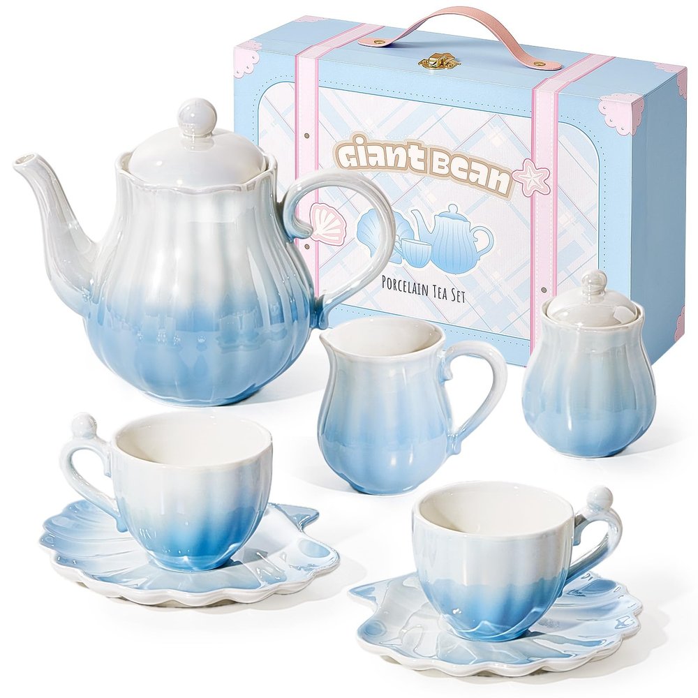 Giant bean Porcelain Tea Set, Gradient Blue Real Tea Party Set for Little Girls, British Royal Princess Series Teapot & Cup & Saucer & Sugar Bowl & Suitcase, for Little Kids Toddlers