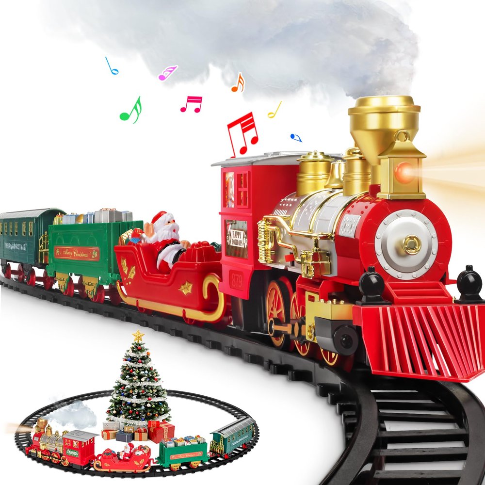 OleFun Christmas Train Set, Electric Train Toys with Water Steam, Sounds & Lights, Model Train Set for Under The Xmas Tree, Railway Kit Gifts for 3, 4, 5, 6, 7, 8+ Year Old Boy & Girl