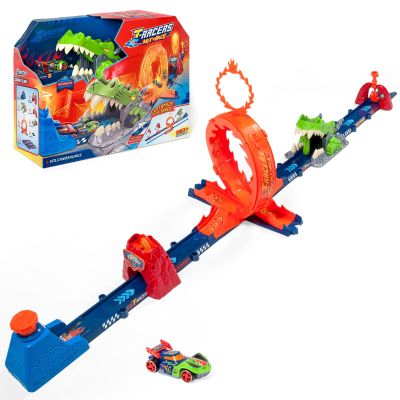 T-Racers Mix 'N Race Volcanosaurus Track for Toy Cars, Contains 1 Trigger, 3 Tracks, 1 Exclusive Nitro Rex Car and 4 Stunts