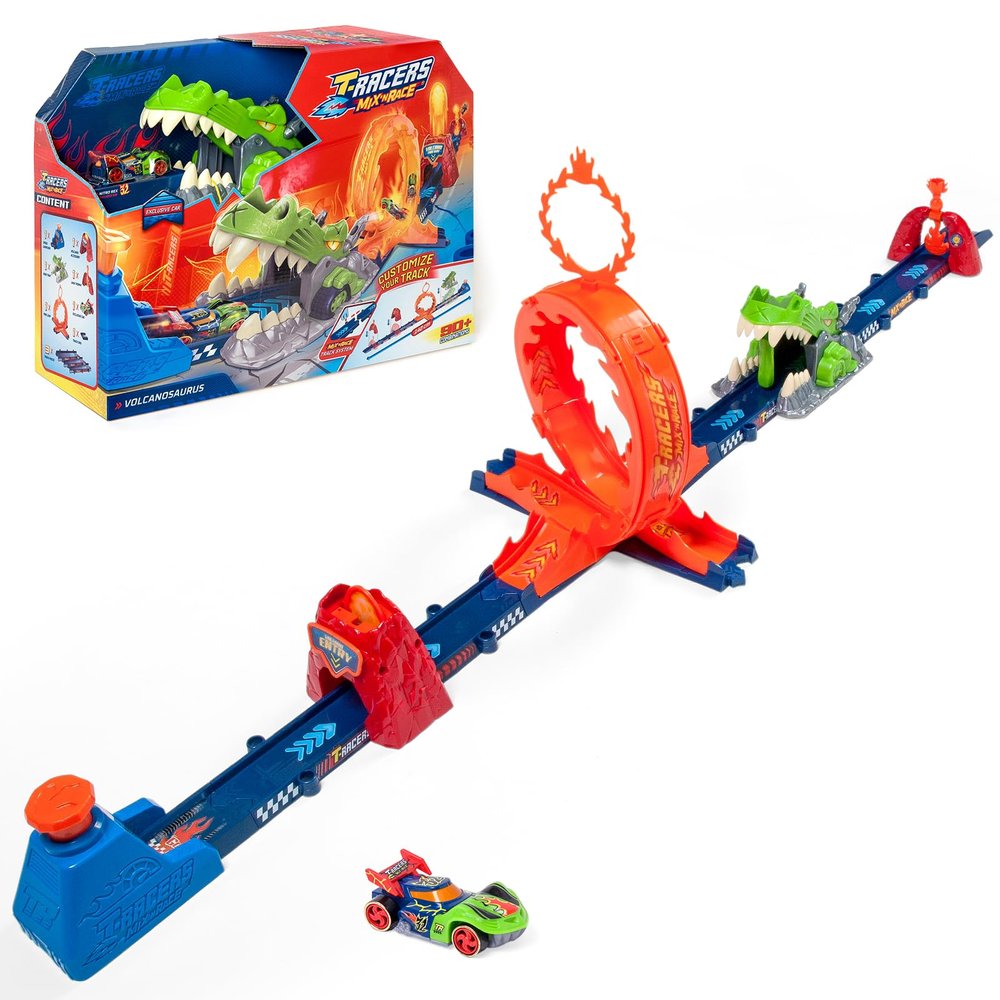T-Racers Mix 'N Race Volcanosaurus Track for Toy Cars, Contains 1 Trigger, 3 Tracks, 1 Exclusive Nitro Rex Car and 4 Stunts