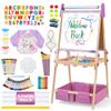 3-in-1 Adjustable Kids Art Easel Set, Height Adjustable Magnetic Whiteboard & Chalkboard with Painting Paper Roll, Wooden Dual-Sided Art Station for Toddlers & Children Ages 3+, Art Supplies Included view 1