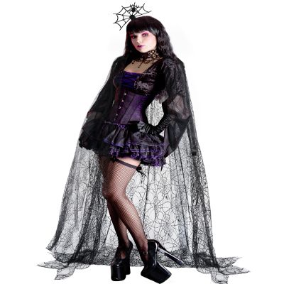 Funnysoft Womens Halloween Spider Web Cape Costume Black Lace Poncho Vampire Witch Hooded Cloak for Halloween(44.5 Inches)