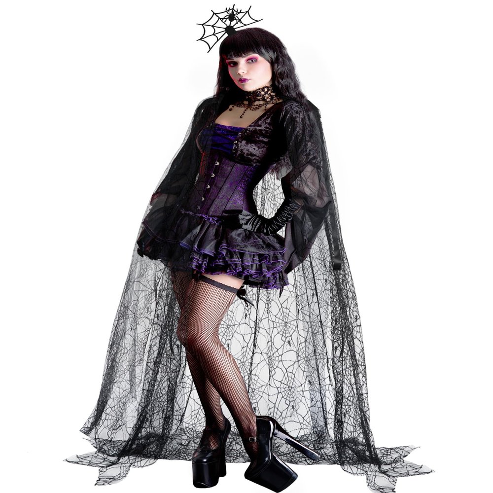Funnysoft Womens Halloween Spider Web Cape Costume Black Lace Poncho Vampire Witch Hooded Cloak for Halloween(44.5 Inches)