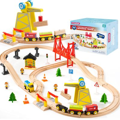 60PCS Wooden Train Set - Toy Magnetic Trains with Wooden Track Set for Kids Ages 3-8, Construction Crane Railway Set, Perfect Easter Birthday Gift for Grandkids Toddlers Boys Girls