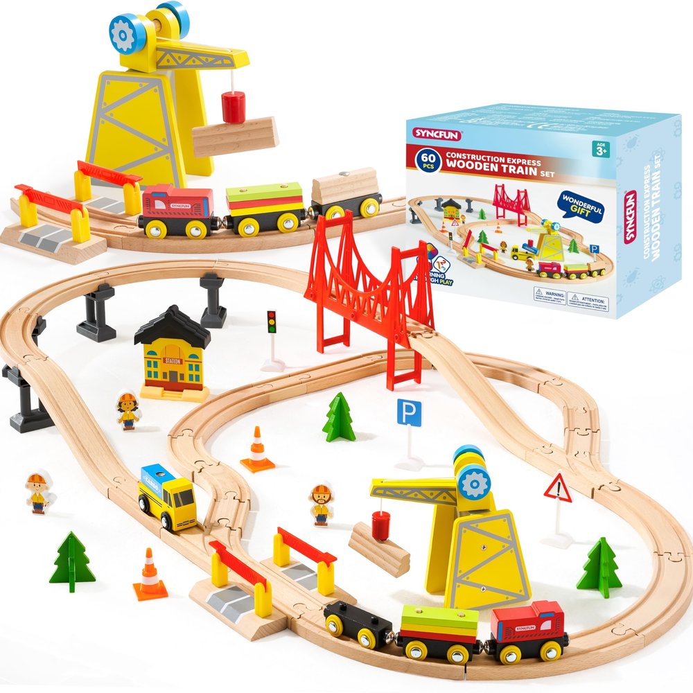 60PCS Wooden Train Set - Toy Magnetic Trains with Wooden Track Set for Kids Ages 3-8, Construction Crane Railway Set, Perfect Easter Birthday Gift for Grandkids Toddlers Boys Girls