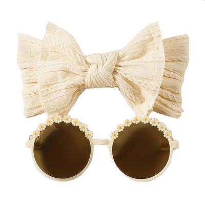 Yheahin Baby Girls Nylon Bows Headband and Sunglasses Set Cute Hair Bow Headwrap Kid Daisy Flower Sunglasses Party Shower Hair Accessories for Newborn Toddler Infant (Creamy, Standard)