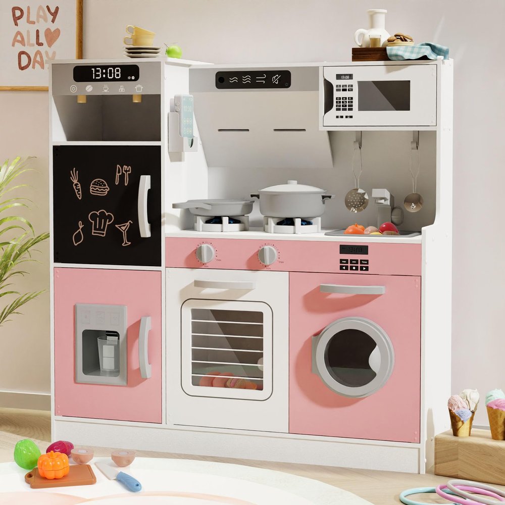 BIERUM Play Kitchen with Realistic Lights & Sounds, Wooden Kitchen Playset with 28 Pcs Toy Food & Cookware Accessories, Toy Kitchen with Plenty of Play Features, Idea Gift for Boys and Girls Ages 3+