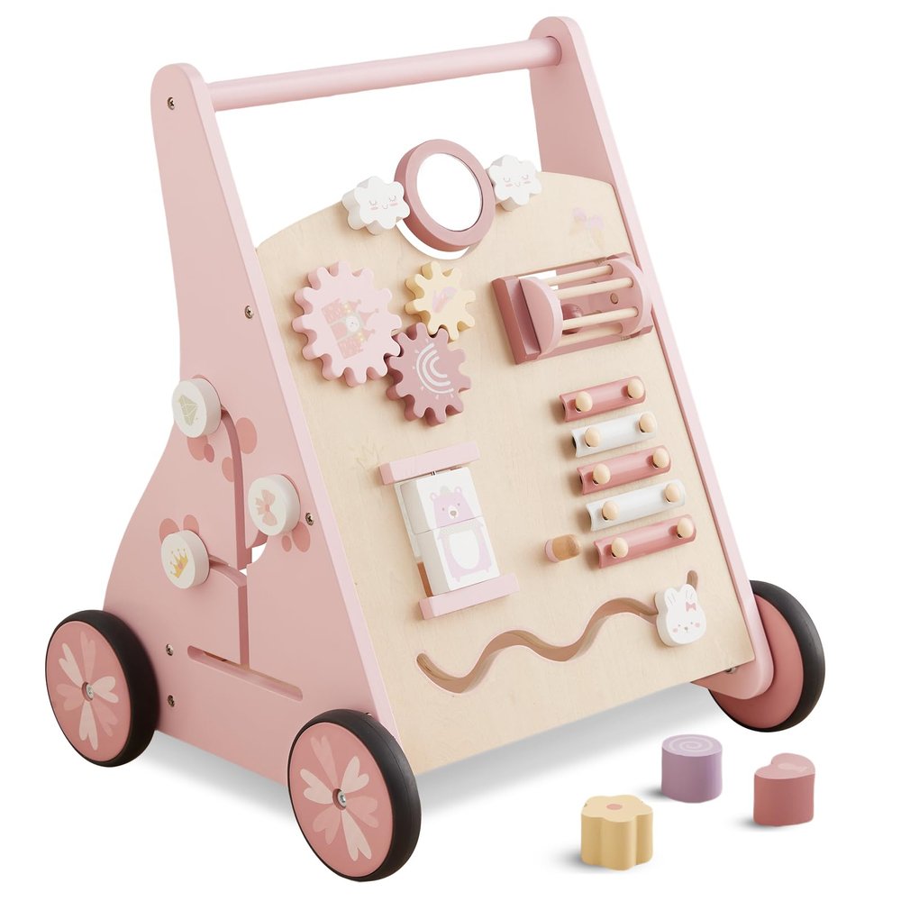 Beright Wooden Baby Walker Push and Pull Learning Activity Walker Kids Activity Toy Multiple Activities Center Develops Motor Skills & Stimulates Creativity(Pink)