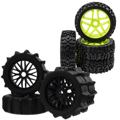4PCS 1/8 Scale RC Off Road Buggy Snow Sand Paddle Tires Tyre Wheels 17mm Hex Hubs & 17mm Hub 4.52''OD Rubber Tires & Plastic Wheel Rim with Foam