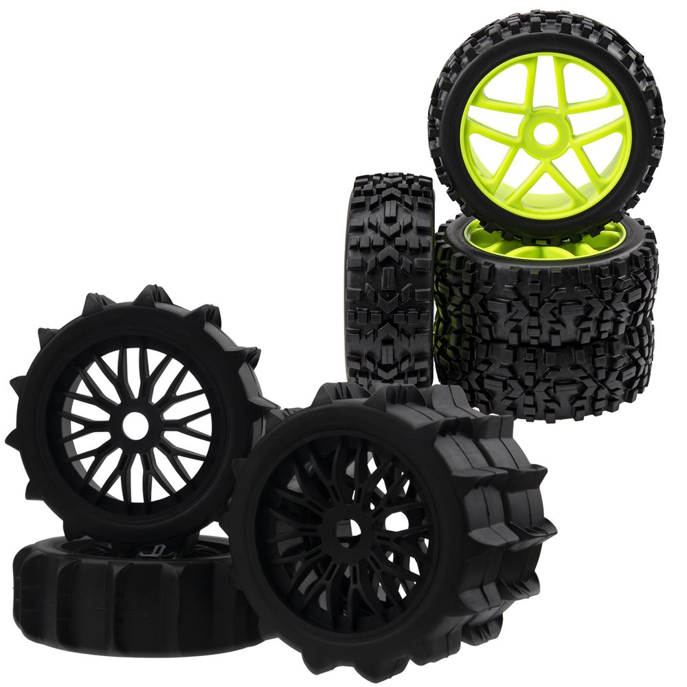 4PCS 1/8 Scale RC Off Road Buggy Snow Sand Paddle Tires Tyre Wheels 17mm Hex Hubs & 17mm Hub 4.52''OD Rubber Tires & Plastic Wheel Rim with Foam
