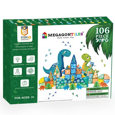 MEGAGONTILES Dinosaur Magnetic Tiles Set 106PCS | STEM-Authenticated Magnet Building Blocks with Dinosaur Animals | Educational Construction Toy for Toddlers & Kids Ages 38 (Boys & Girls)