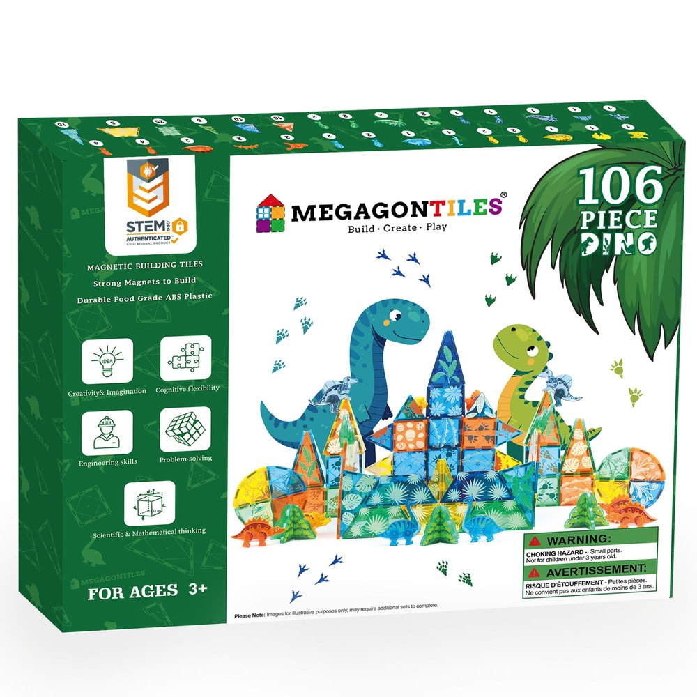 MEGAGONTILES Dinosaur Magnetic Tiles Set 106PCS | STEM-Authenticated Magnet Building Blocks with Dinosaur Animals | Educational Construction Toy for Toddlers & Kids Ages 38 (Boys & Girls)