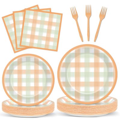 100PCS Fall Thanksgiving Tableware Set Party Decorations Thanksgiving Plaid Plates Napkins Forks Dinnerware Set for 25 Guests Disposable Fall Dinner Plates Party Supplies Happy Harvest Dessert Plates