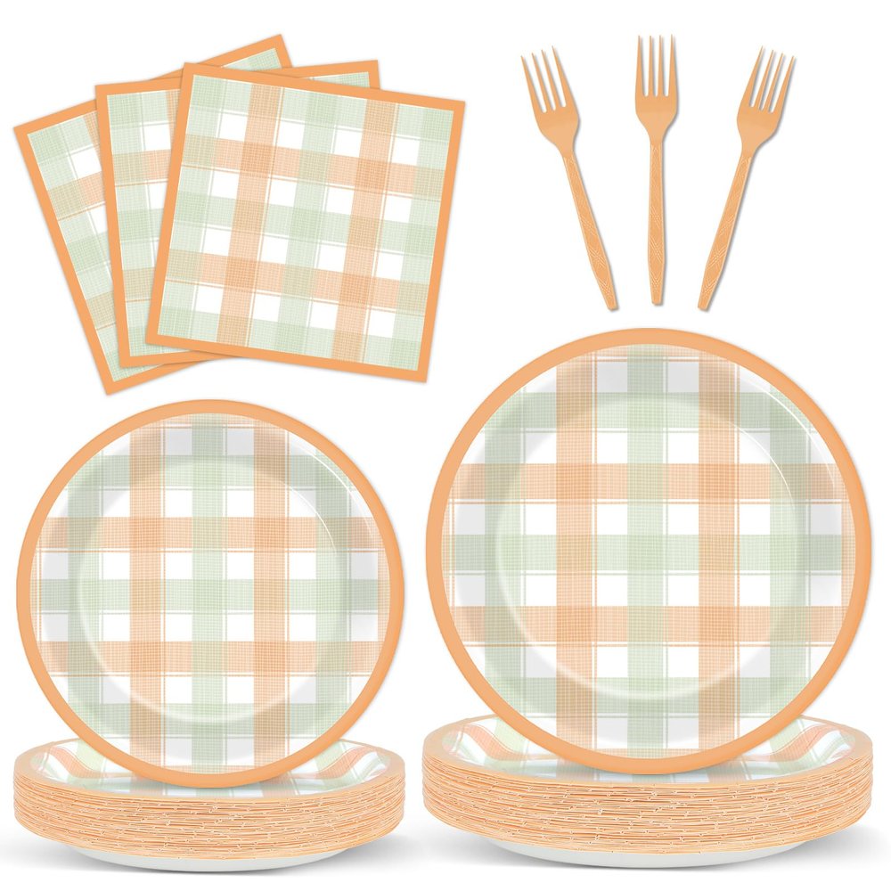 100PCS Fall Thanksgiving Tableware Set Party Decorations Thanksgiving Plaid Plates Napkins Forks Dinnerware Set for 25 Guests Disposable Fall Dinner Plates Party Supplies Happy Harvest Dessert Plates