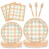 100PCS Fall Thanksgiving Tableware Set Party Decorations Thanksgiving Plaid Plates Napkins Forks Dinnerware Set for 25 Guests Disposable Fall Dinner Plates Party Supplies Happy Harvest Dessert Plates view 1