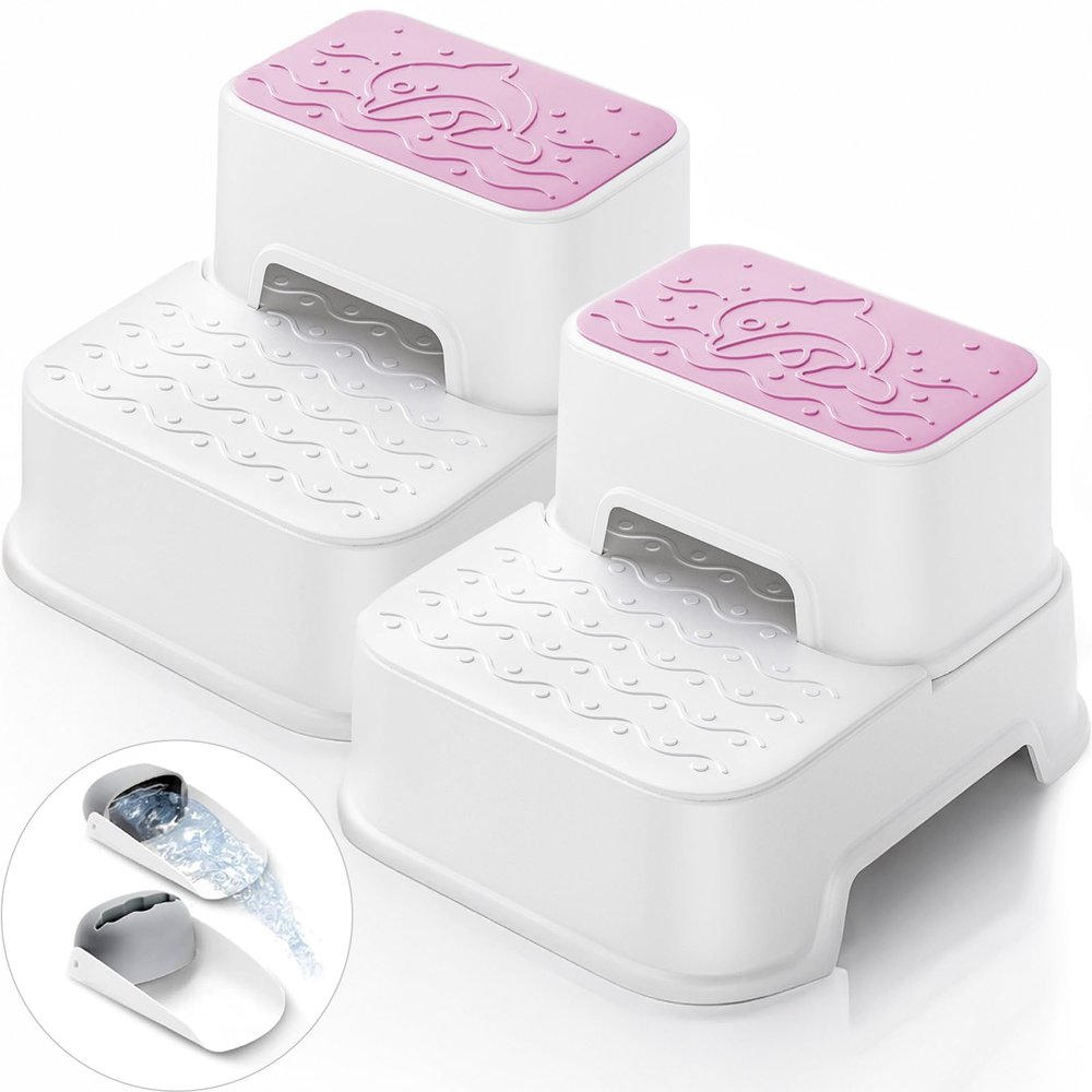 2-Step Stool for Kids - Toddler Anti-Slip Step Stool for Bathroom Sink/Toilet Potty Training/Kitchen Counter, 10" Height, 220 lbs Capacity, Durable & Stable (2Packs Pink)