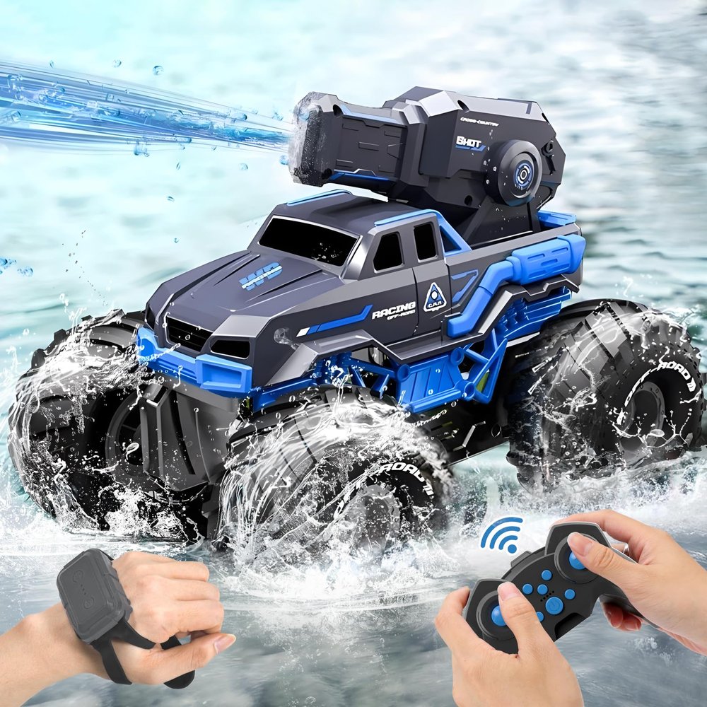 Amphibious Remote Control Car Boat Water Squirt RC Tank 2.4GHz Gesture Sensor 4WD Monster Truck Waterproof RC Car for 6 7 8 9-12 Kids Girls Boys Gift Beach Pool Water Toy With 2 Replaceable Batteries