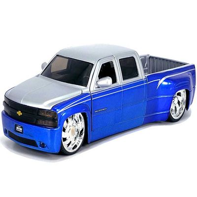 1999 Chevy Silverado Dually Pickup Truck Blue Metallic and Silver with Custom Just Trucks Series 1/24 Diecast Model Car by Jada 35588