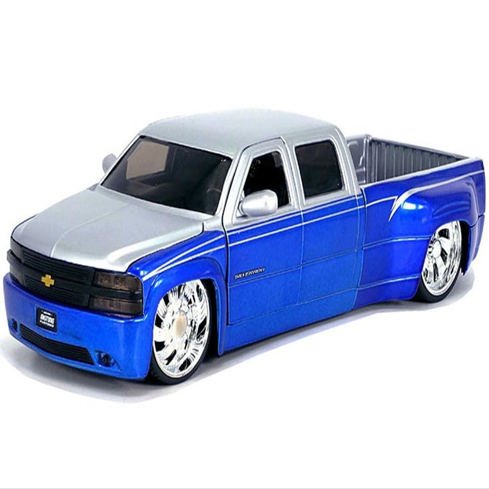 1999 Chevy Silverado Dually Pickup Truck Blue Metallic and Silver with Custom Just Trucks Series 1/24 Diecast Model Car by Jada 35588