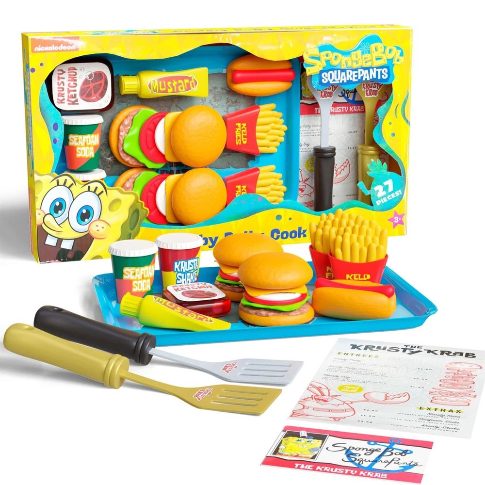 SpongeBob SquarePants Krabby Patty Toy Combo Meal Playset, Pretend Krusty Krab Burgers, and Fries Interactive Plastic Fast Food Set for Kids Toddlers