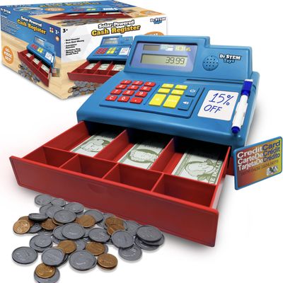 Dr. STEM Toys Solar Powered Calculator Pretend Cash Register with Play Money 67-Piece Set for Learning Math Skills, STEM Cash Register for Kids (Blue)