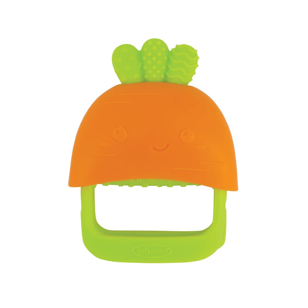 Infantino Handy Dandy Teething Mitt Soft Silicone Teether for Babies, Develops Grasping Skills, Easy to Clean, Orange Carrot