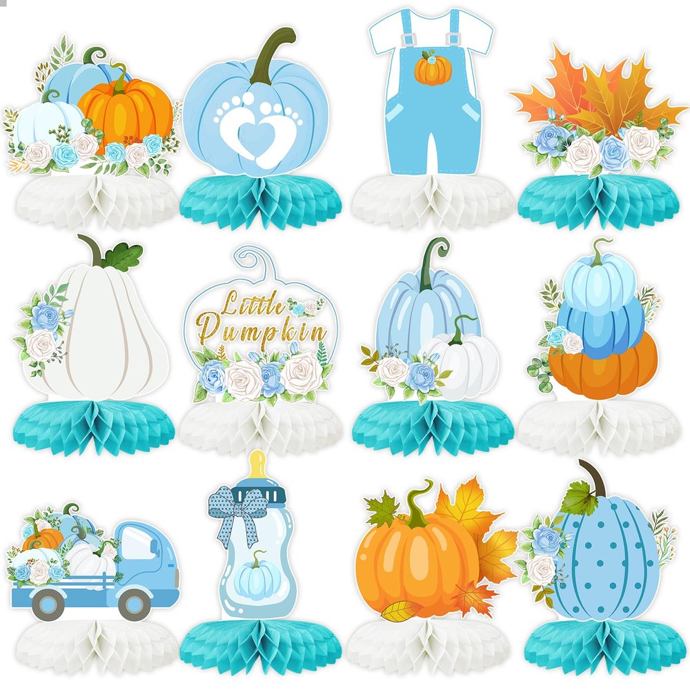 12 PCS Little Pumpkin Baby Shower Decorations 3D Honeycomb Centerpiece Fall Party Table Decor for Boys Blue White Table Toppers Honeycomb Gift for Birthday Party Supplies