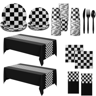 Oudain 162 Pcs Racing Car Birthday Party Supplies Racing Car Tableware Sets for 20 Guests Checkered Race Themed Rectangular Tablecloth Plates Cups Folks for Christmas Birthday Party Decor(Black)