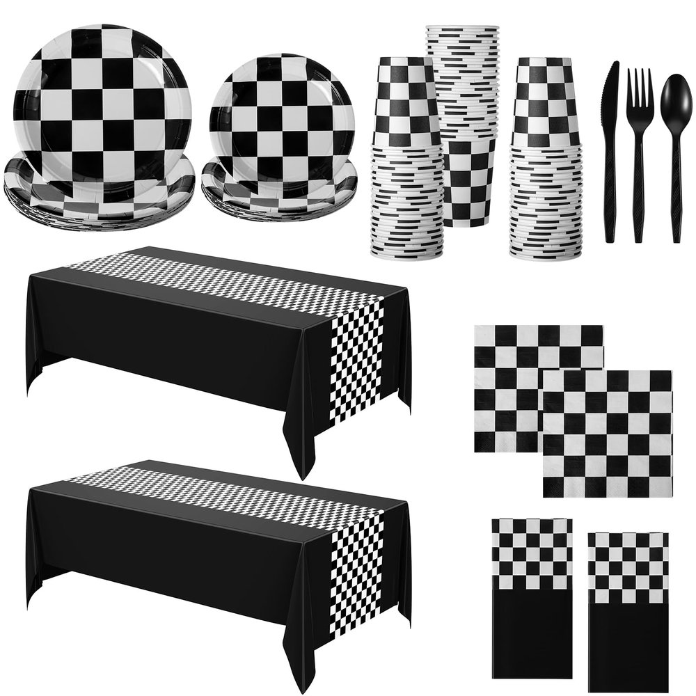 Oudain 162 Pcs Racing Car Birthday Party Supplies Racing Car Tableware Sets for 20 Guests Checkered Race Themed Rectangular Tablecloth Plates Cups Folks for Christmas Birthday Party Decor(Black)