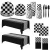 Oudain 162 Pcs Racing Car Birthday Party Supplies Racing Car Tableware Sets for 20 Guests Checkered Race Themed Rectangular Tablecloth Plates Cups Folks for Christmas Birthday Party Decor(Black) view 1