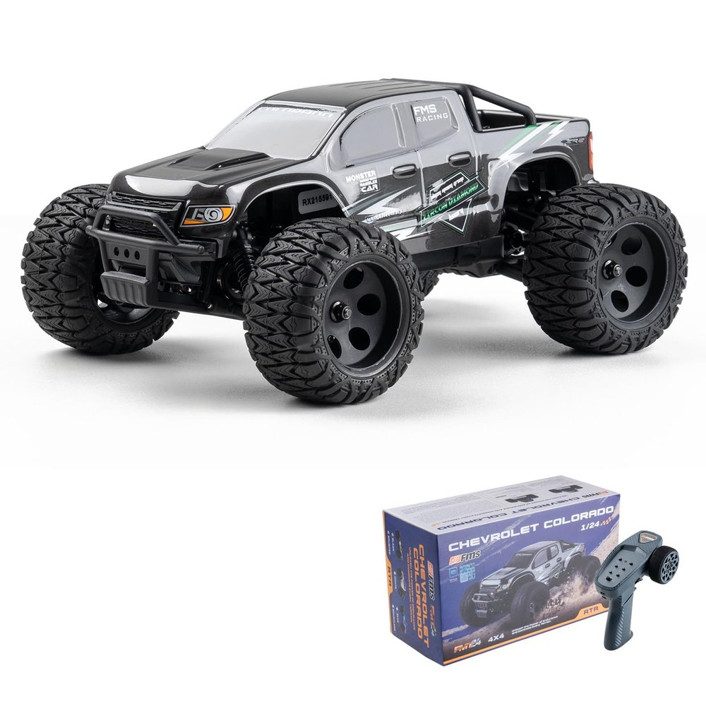 FMS FMT24 1/24 Chevrolet Colorado Brushed RC Truck RTR, Basher RC Cars, 4X4 Off-Road Hobby Grade Waterproof 2-Speed Switch RC Crawler with 370 Motor for Adults (Black)