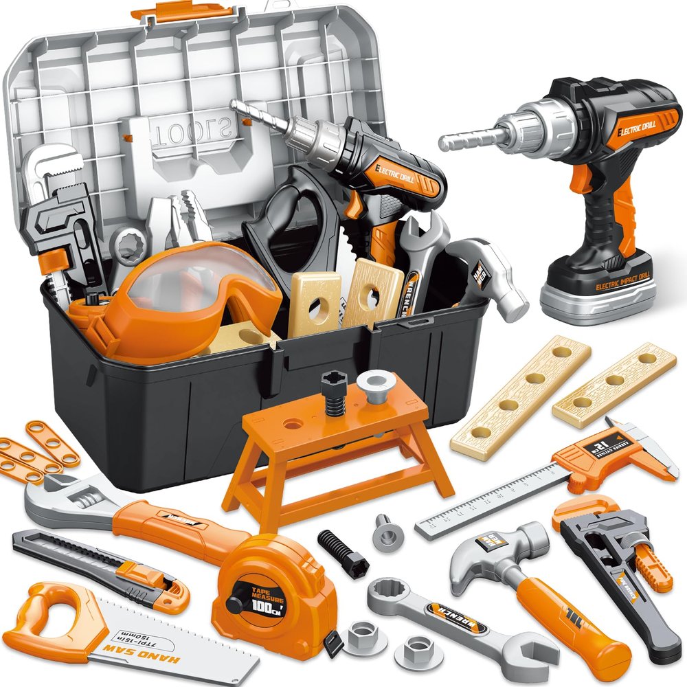 Kids Tool Set 46 PCS, Christmas Birthday Gifts for Kids Ages 3,4,5,6,7,8, Toddler Tool Set with Portable Tool Box & Electronic Toy Drill, Construction Toys Tools for Toddlers, Tool Kits for Boys Girls