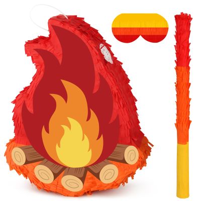 Camping Adventure Campfire Pinata with Stick Blindfold Fake Campfire Pinata for Kids Boys GIrls Birthday Party Decoration Camping Adventure DecorSmall, 15.35x11.8x3.14