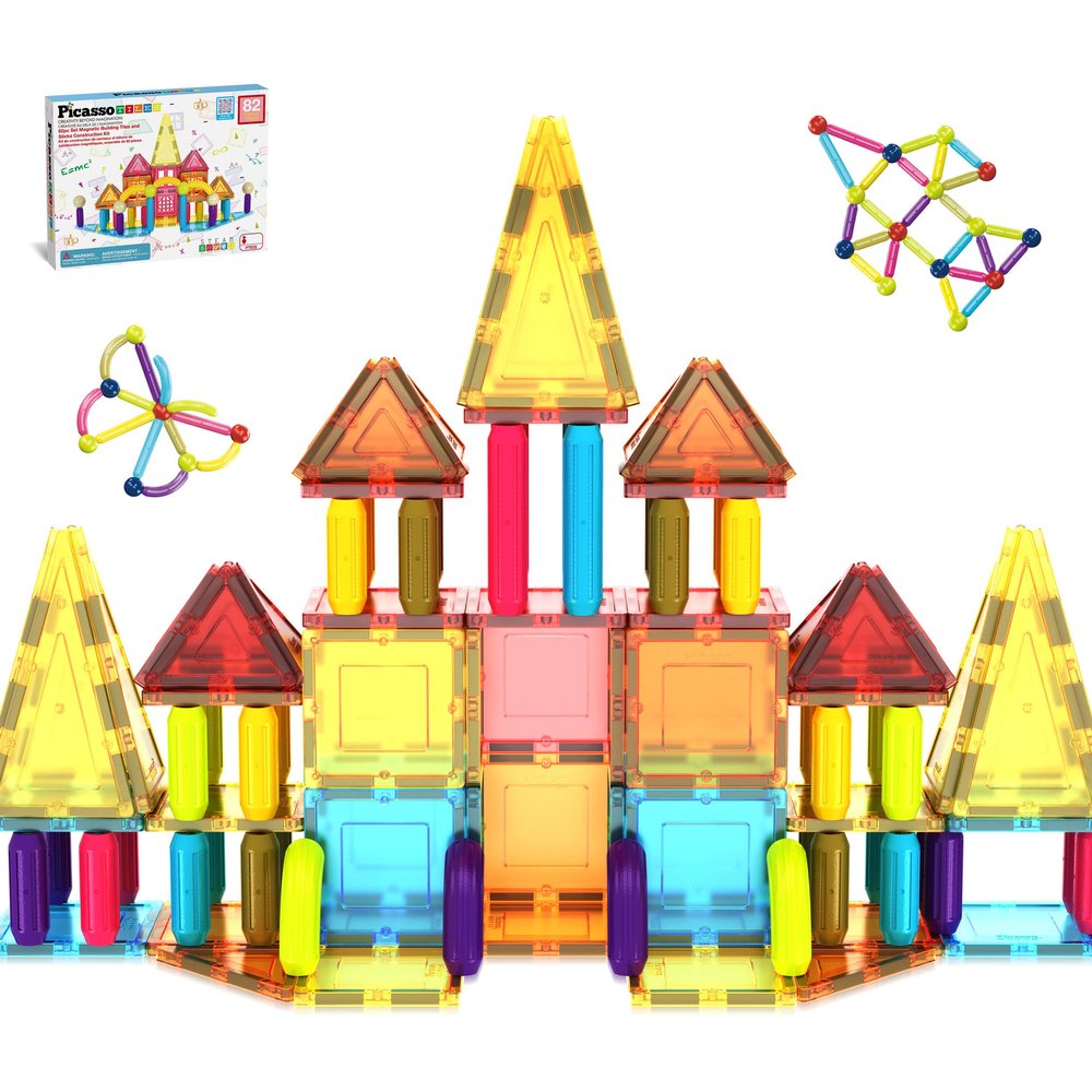 PicassoTiles 82 Piece Magnetic Sticks and Magnet Tiles Construction Building Block Toys for Toddlers, STEM Learning Toy Magnets Balls and 3+ Years Old for Boys Girls Kids Children Early Educational
