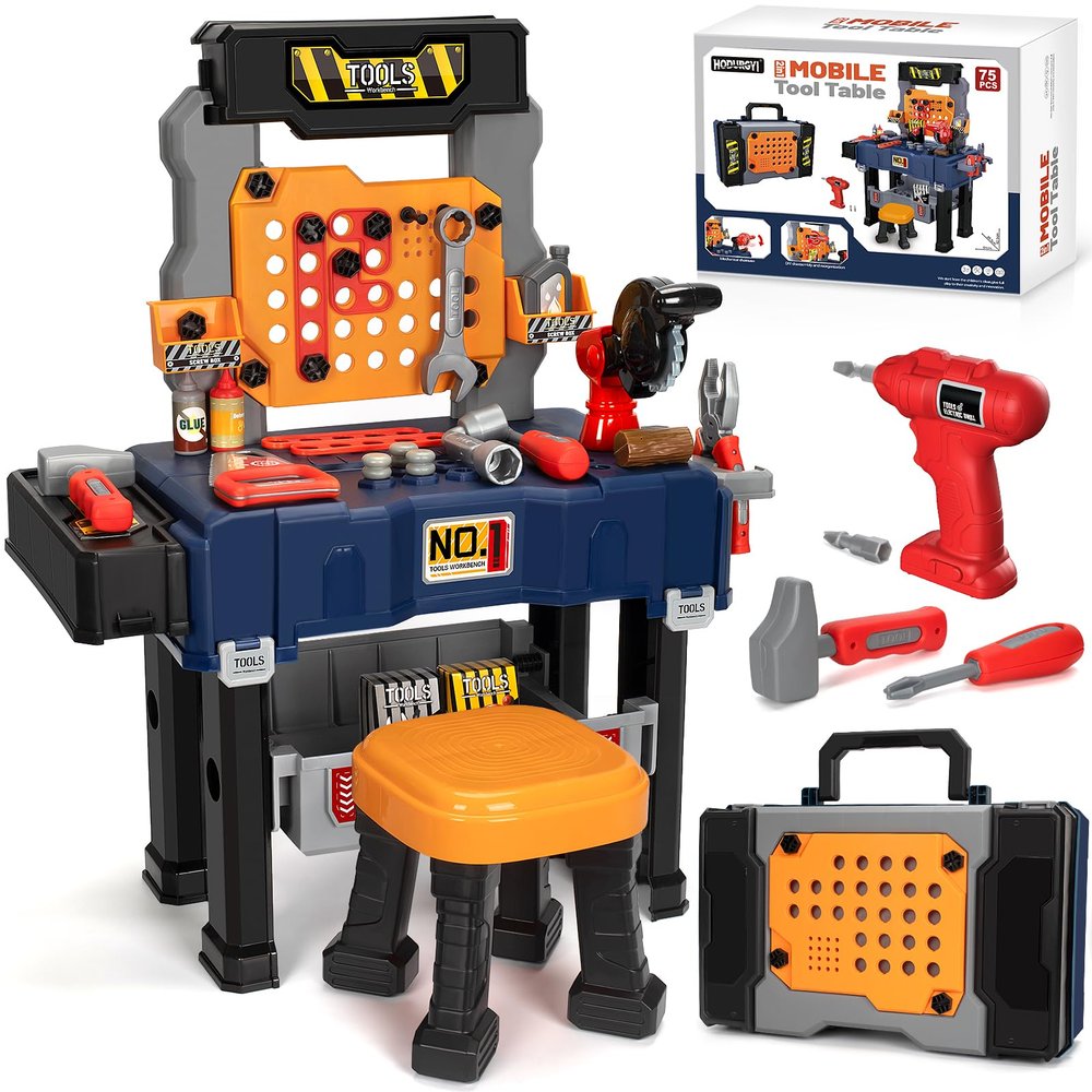 Kids Tool Bench with Electric Drill and Chair, Christmas Birthday Gift for Boys Girls Age 3,4,5+ Fun Play Kids Workbench, Transformable Toddler Tool Box Set, Construction Tool Toys for Toddler 3-5