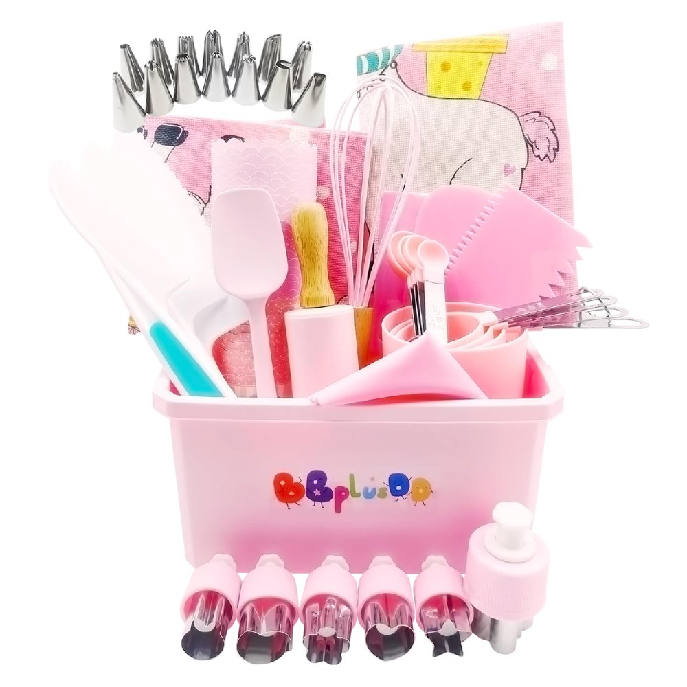 BBplusDD 76 Pcs Kids Real Baking and Cooking Sets - Parent-Child Apron Cake Decorating Kit Piping Bags and Tips Set Kitchen Utensils with Storage Case for Child Junior Chefs 3+ (Pink-2)