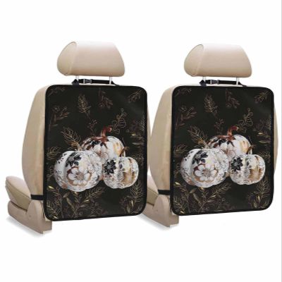 Car Seat Protector, 2 Pack Kick Mats Back Seat Protector Fall Thanksgiving Pumpkin with Floral Retro Golden Botanical Leaves Black Backseat Cover for Universal Fit Automotive Interior Protectors