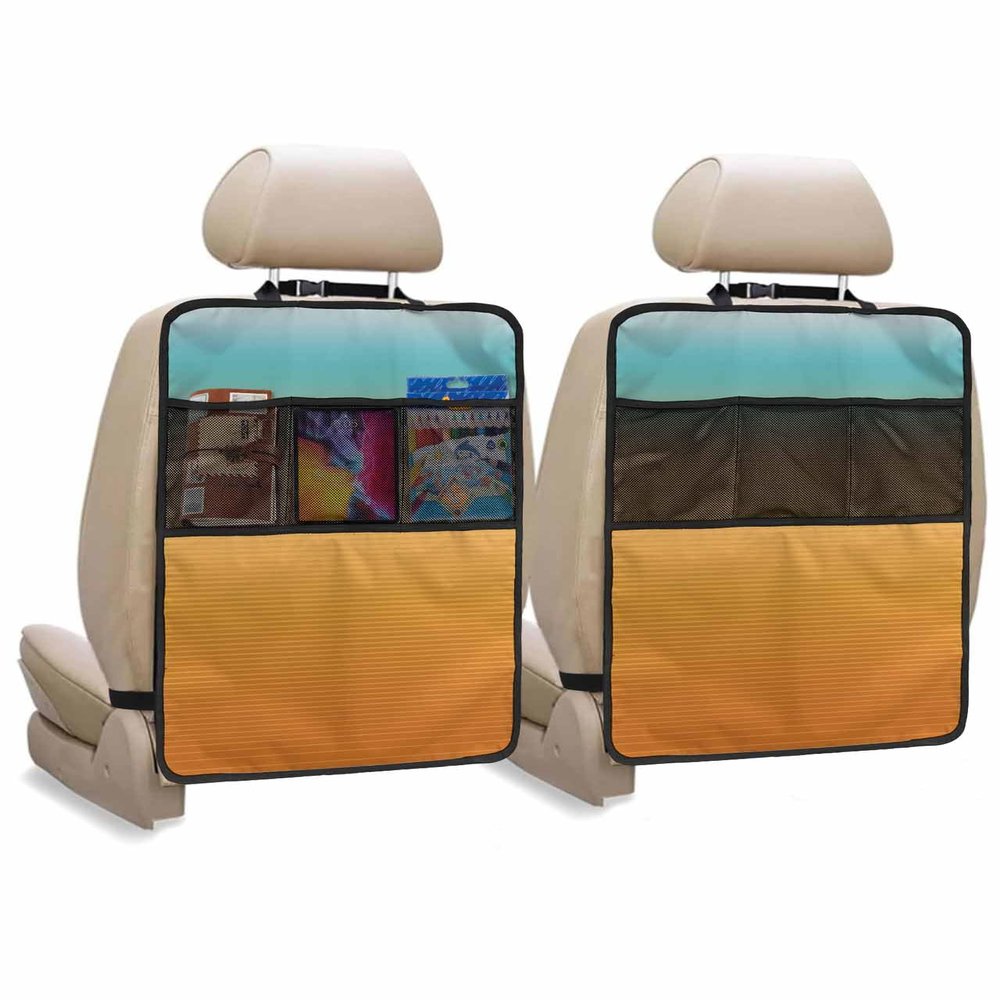 Car Seat Protector, 2 Pack Kick Mats with Organizer - 3 Pocket Storage, Turquoise Orange Stripe Gradient Back Seat Cover for Kids Universal Fit Automotive Interior Protectors