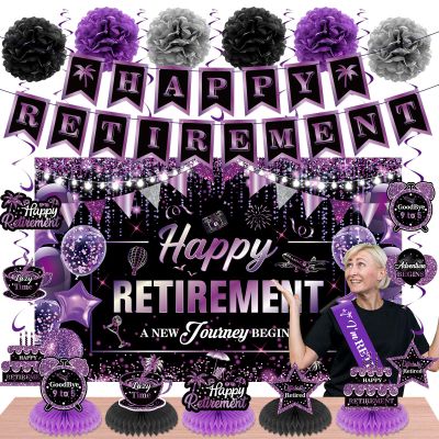 20pcs Retirement Party Decorations for Women Purple Happy Retirement Banner Table Honeycomb Centerpiece Hanging Swirls Pompoms Retired Sash Going Away Farewell Retired Party Supplies
