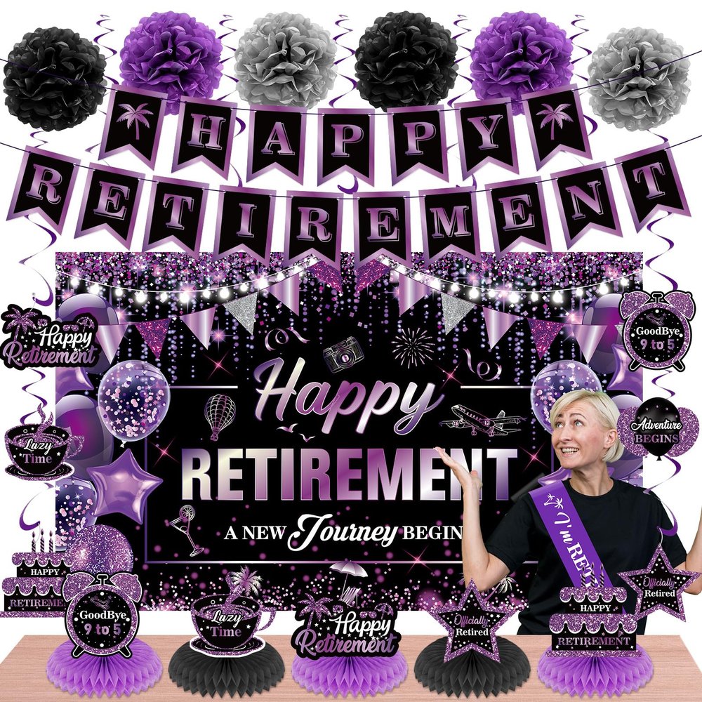 20pcs Retirement Party Decorations for Women Purple Happy Retirement Banner Table Honeycomb Centerpiece Hanging Swirls Pompoms Retired Sash Going Away Farewell Retired Party Supplies