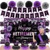 20pcs Retirement Party Decorations for Women Purple Happy Retirement Banner Table Honeycomb Centerpiece Hanging Swirls Pompoms Retired Sash Going Away Farewell Retired Party Supplies view 1