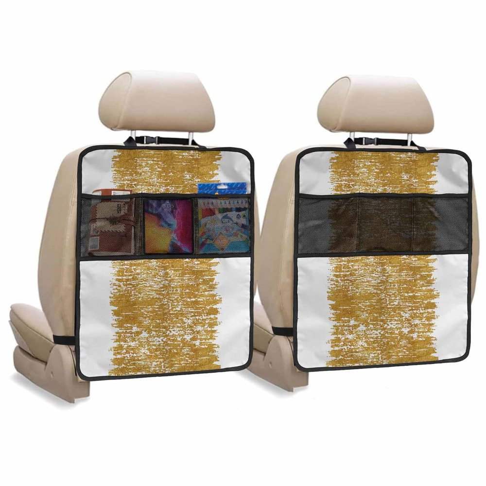 Car Seat Protector, 2 Pack Kick Mats with Organizer - 3 Pocket Storage, Modern Abstract Art Orange Striped Print Pattern Back Seat Cover for Kids Universal Fit Automotive Interior Protectors