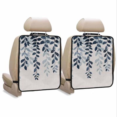 Car Seat Protector, 2 Pack Kick Mats Back Seat Protector Plants Gradient Blue Leaves Farmhouse Style Linen Texture Waterproof Backseat Cover for Kids Universal Fit Automotive Interior Protectors