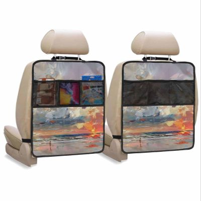 Car Seat Protector, 2 Pack Kick Mats with Organizer - 3 Pocket Storage, Summer Ocean Sunset Oil Painting Blue Red and Orange Back Seat Cover for Kids Universal Fit Automotive Interior Protectors