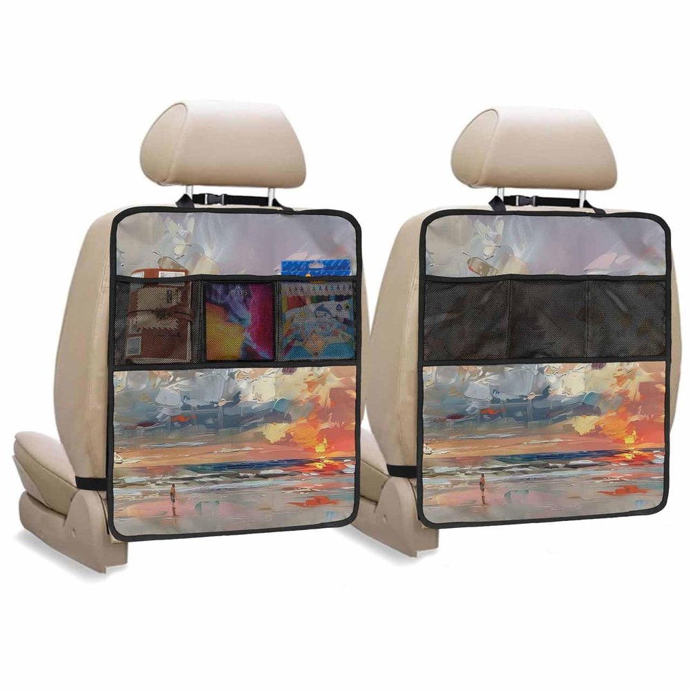 Car Seat Protector, 2 Pack Kick Mats with Organizer - 3 Pocket Storage, Summer Ocean Sunset Oil Painting Blue Red and Orange Back Seat Cover for Kids Universal Fit Automotive Interior Protectors