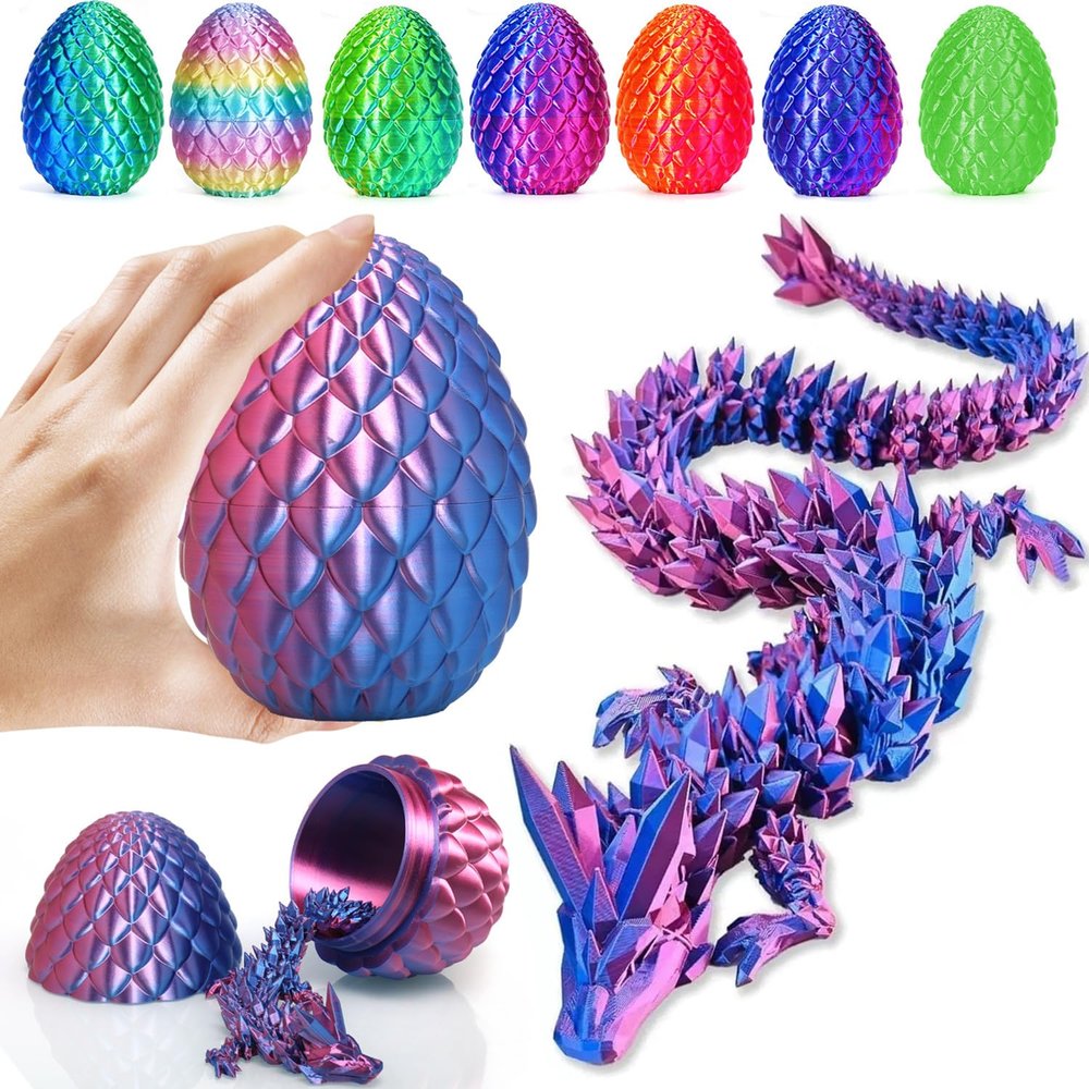 HEFANDAISHU 3D Printed Dragon with Dragon Egg,12inch Flexible Dragon Toy with Articulated Dragon Inside Fidget Toys for Autism/ADHD Easter Toys Gifts(PurpleBlue)