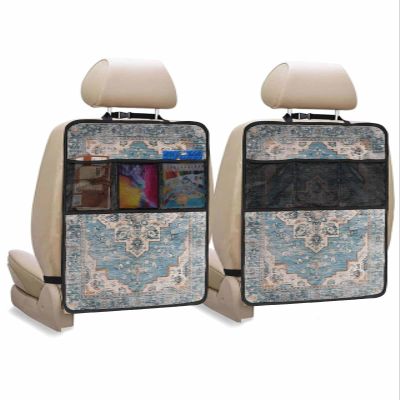 Car Seat Protector, 2 Pack Kick Mats with Organizer - 3 Pocket Storage, Blue Boho Oriental Medallion Retro Distressed Bohemian Back Seat Cover for Kids Universal Fit Automotive Interior Protectors