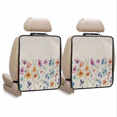 Car Seat Protector, 2 Pack Kick Mats Back Seat Protector Colorful Flowers Watercolor Floral Plants Retro Linen Waterproof Backseat Cover for Kids Universal Fit Automotive Interior Protectors